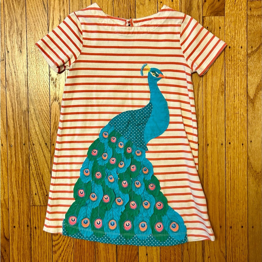 Mini Boden Red and White Striped Dress with Peacock Design